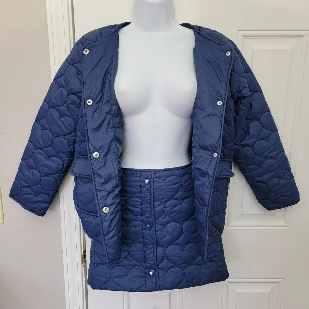 NWT Forever 21 Kids 2 Piece Skirt And Jacket Navy Hearts Puffer Size 11/12